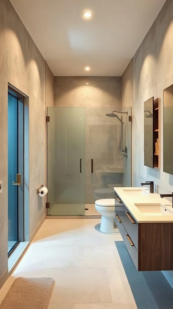Rectangular master bathroom floor plan featuring an enclosed frosted glass water closet and vanity.