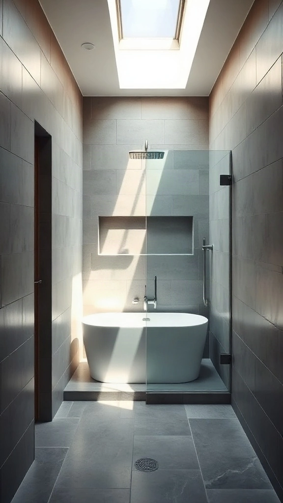 Slate gray end-wall wet room and freestanding soaking tub in a narrow rectangular master bathroom layout.