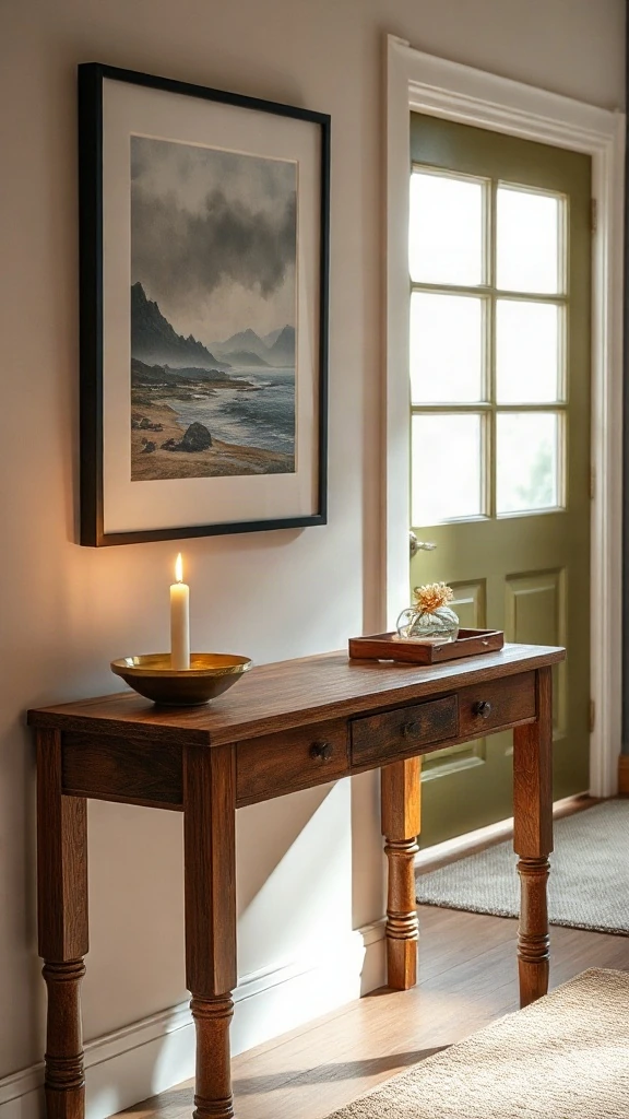 Entryway console table styled with a brass catchall tray, glowing scented candle, and dried florals. - Inviting Home Design