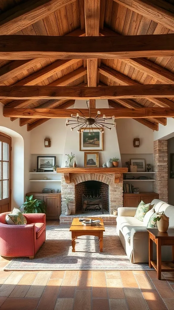 Weathered oak ceiling beams framing a small cottage den with terracotta tile hearth. - Cozy Cottage Sitting