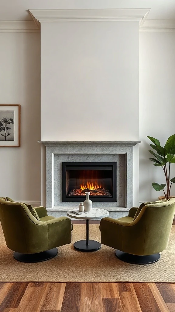 Plaster fireplace surround with two olive green swivel lounge chairs in spare room.