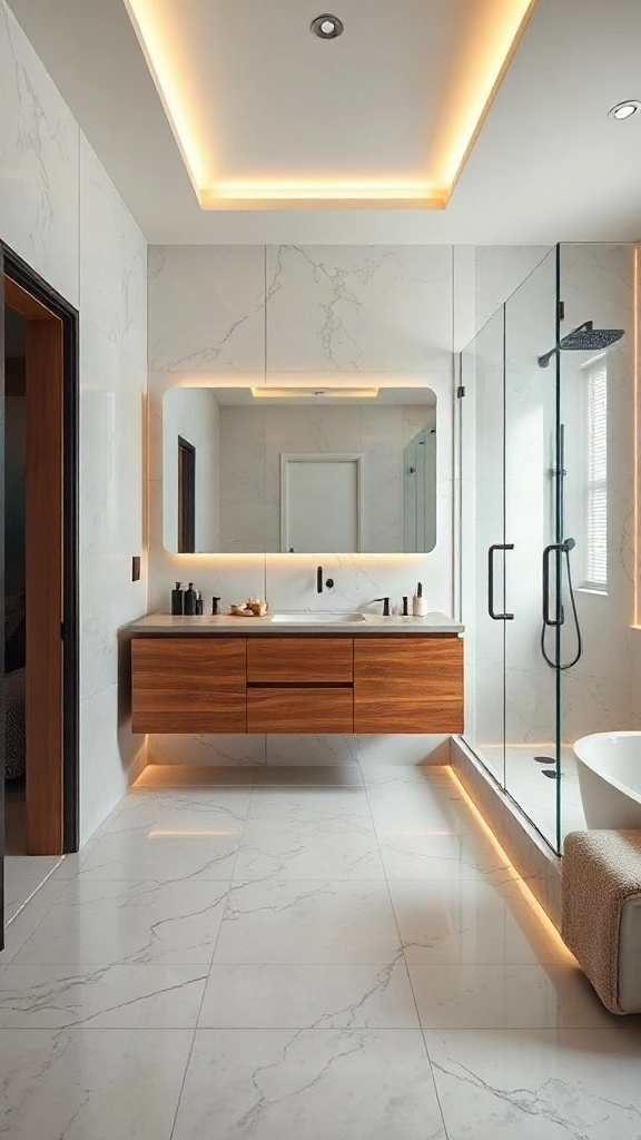 Floating teak double vanity opposite a glass shower in a rectangular master bathroom layout.