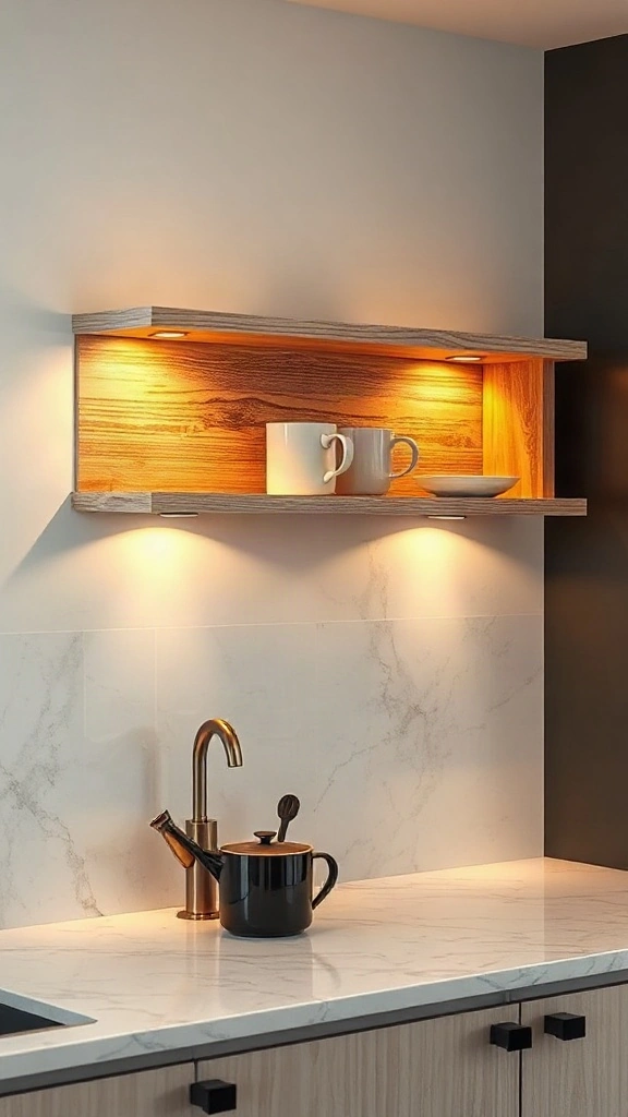 Floating white oak shelves with recessed underside LED lighting in a studio apartment kitchen.
