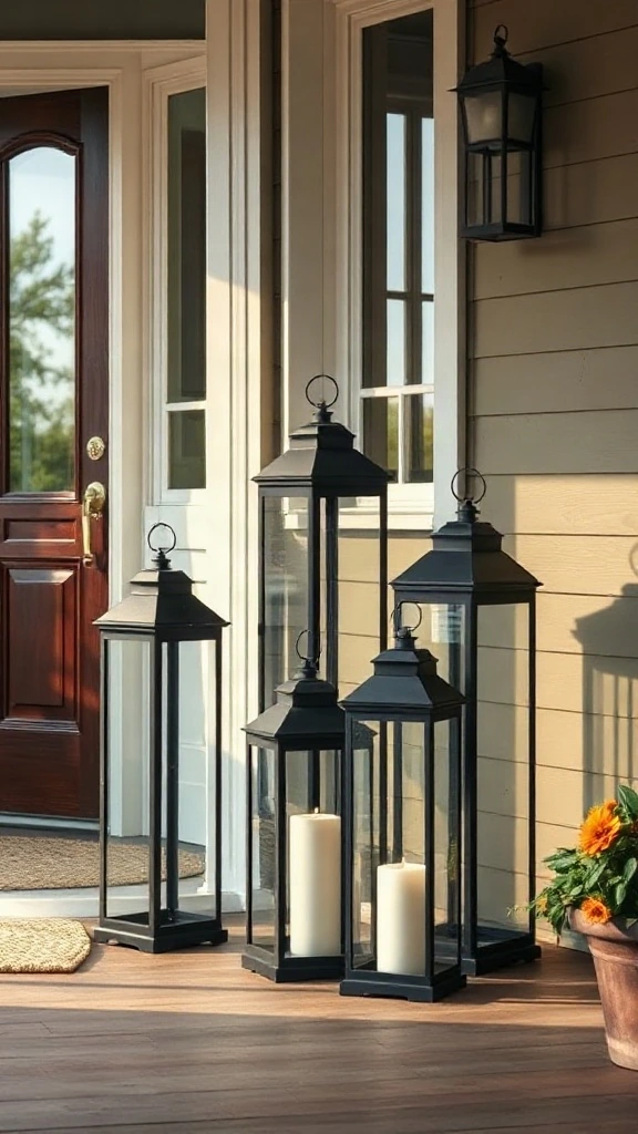 Trio of varying height matte black and glass floor lanterns clustered beside a porch threshold.