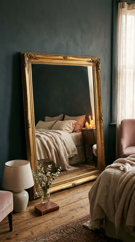 Large floor-standing antiqued gold leaf mirror leaning against a moody painted wall, reflecting soft linen bedding and warm candle glow.
