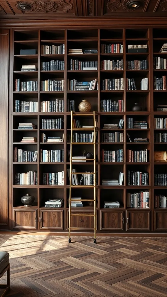 Custom dark walnut floor-to-ceiling library wall with organized books and a rolling brass ladder.