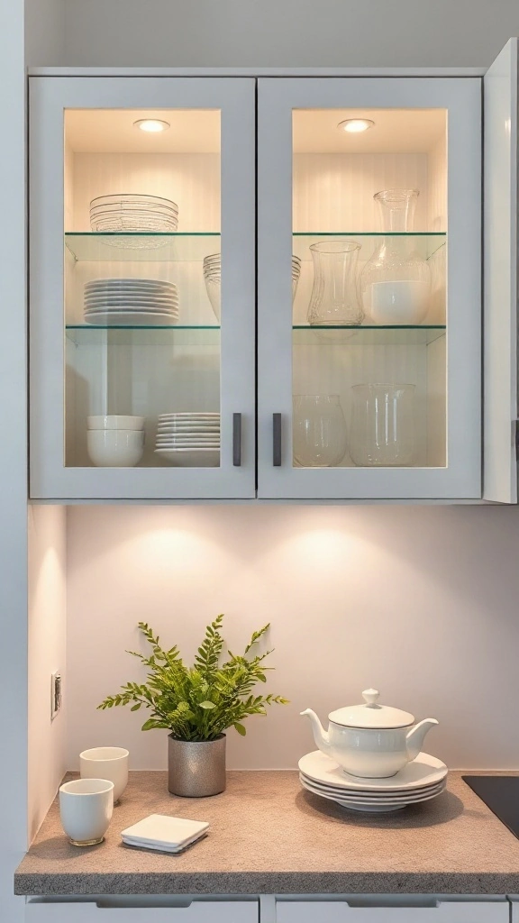 Fluted glass upper cabinets with warm interior lighting displaying glassware in a studio kitchen. - Studio Apartment Kitchen