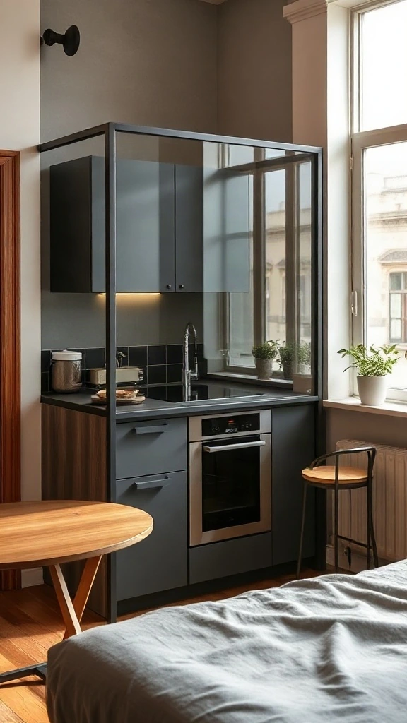 Steel-framed fluted glass half-wall dividing kitchen counter from sleeping area in a studio flat. - Studio Apartment Kitchen