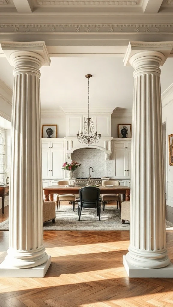 Fluted plaster columns framing transition between classic kitchen and formal living room.