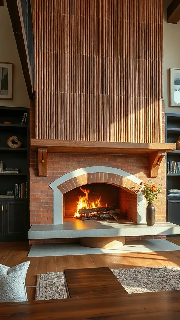 Two story fireplace ideas featuring vertical fluted terracotta tiles and a concrete bench.