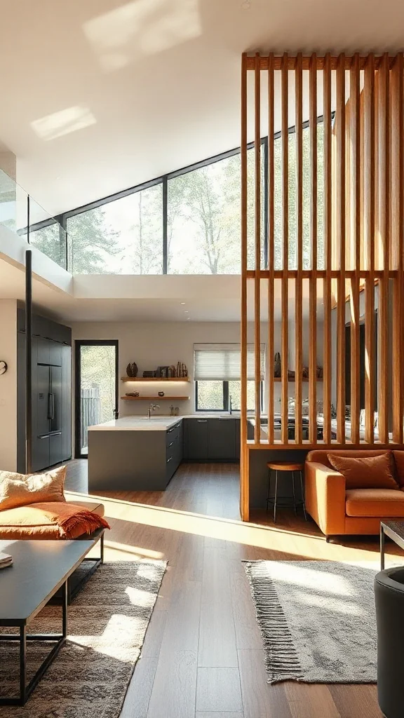 Floor-to-ceiling slatted oak room divider filtering sunlight between kitchen and living.