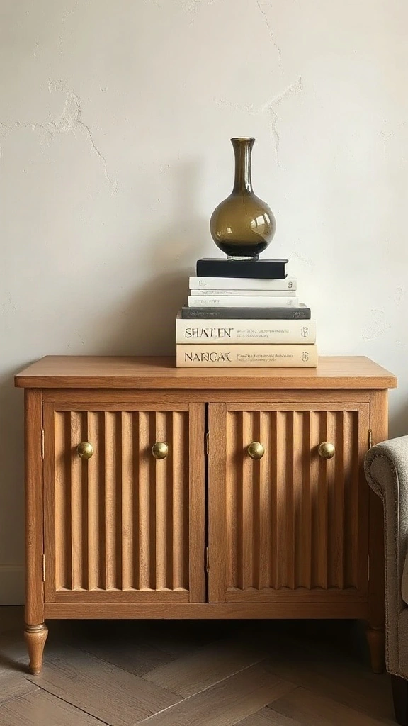 Custom fluted wood furniture piece against a textured limewash wall finish.