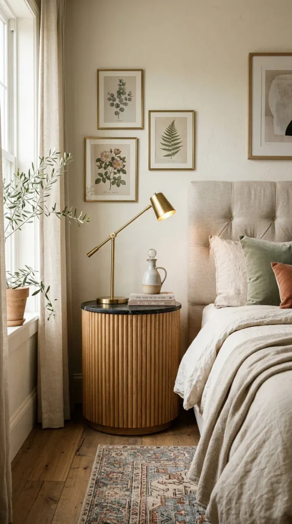 Bespoke cylindrical fluted oak nightstand with a black marble top beside an oatmeal headboard and brass lamp in a cozy bedroom.