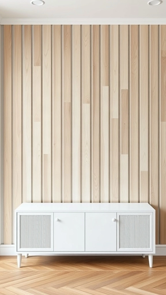 Vertical oak fluted wall slats paired with textured limewash paint above a low modern credenza.