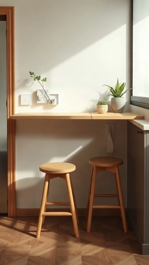 Wall-mounted fold-down birch dining table with tucked stools in a Scandinavian studio apartment. - Studio Apartment Kitchen