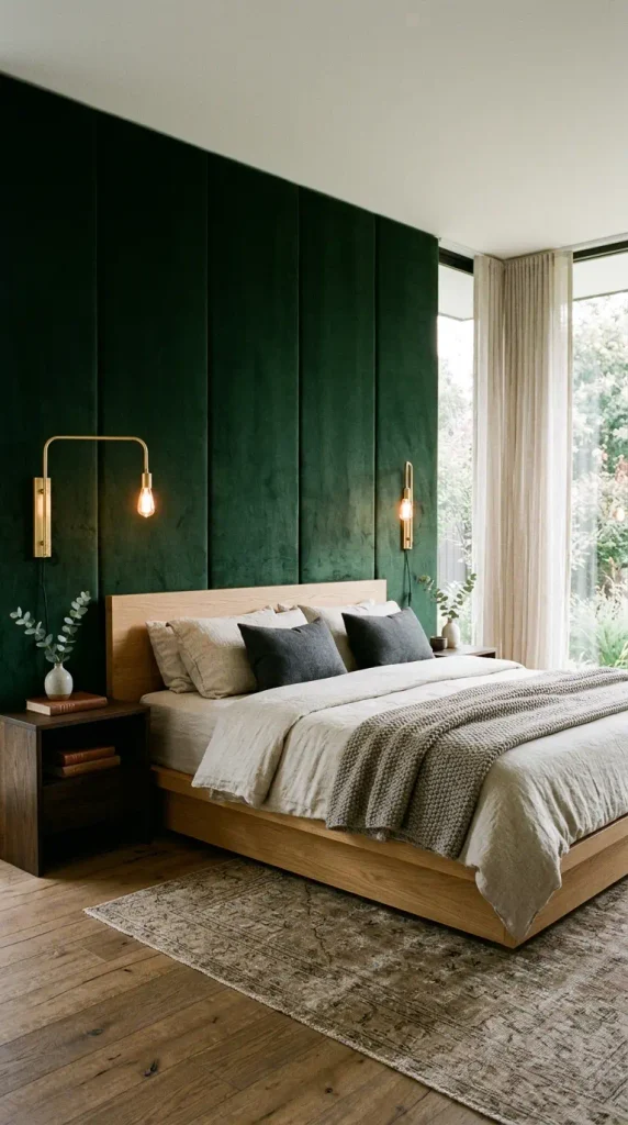 Floor-to-ceiling forest green velvet wall paneling behind a minimalist platform bed with warm brass reading sconces.