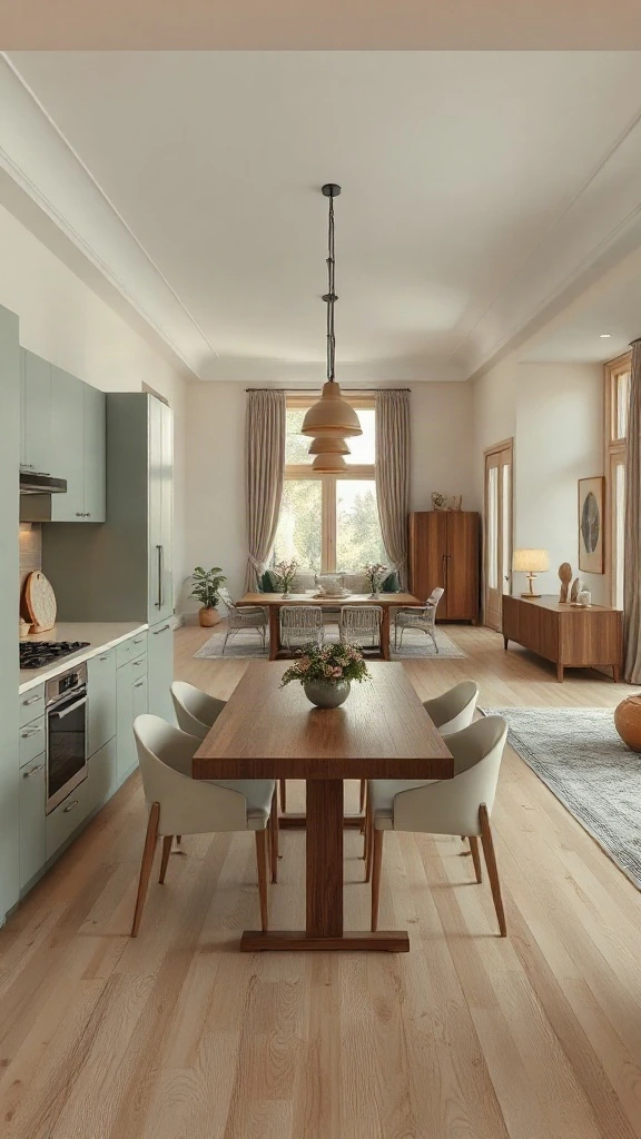 Galley kitchen with soft sage cabinets and floating oak dining table.