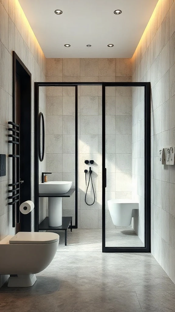 Fluted glass partition wall delineating zones in a narrow rectangular master bathroom layout.