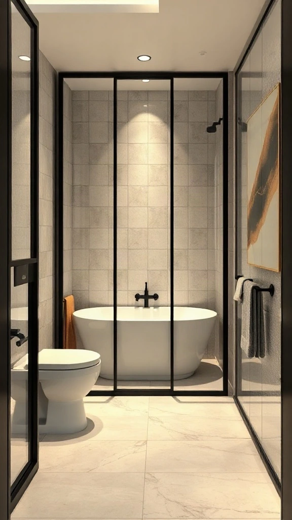 Master bathroom toilet layout separated by a black steel reeded glass partition wall. - Modern Water Closet Floor Plan Layout - Modern Toilet Floor Plan Layout - Small Toilet Andamp; Water Closet Floor Plan Layout Ideas