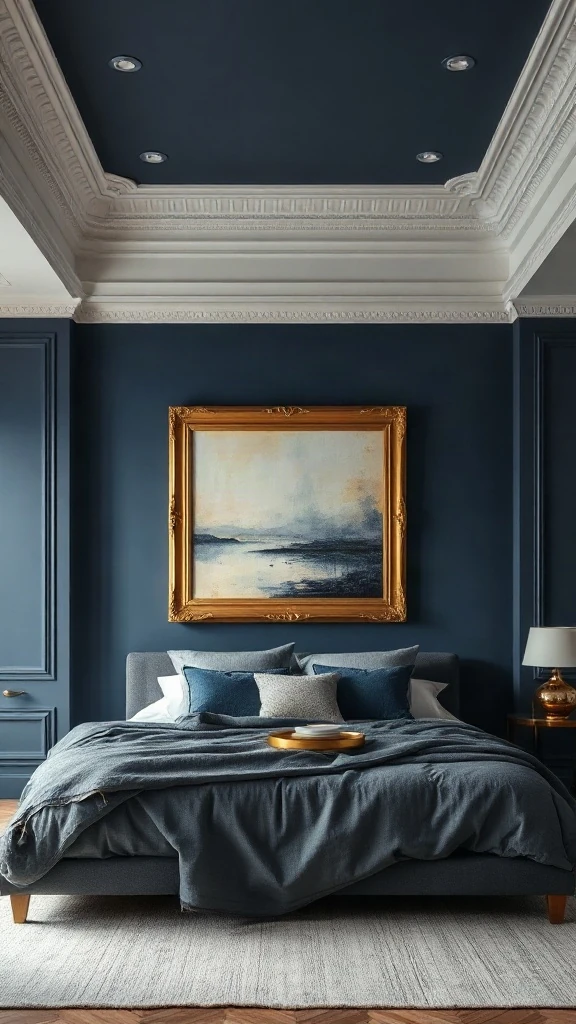 Oversized antique gold framed abstract canvas painting centered on a midnight navy bedroom wall - Navy Blue Bedroom
