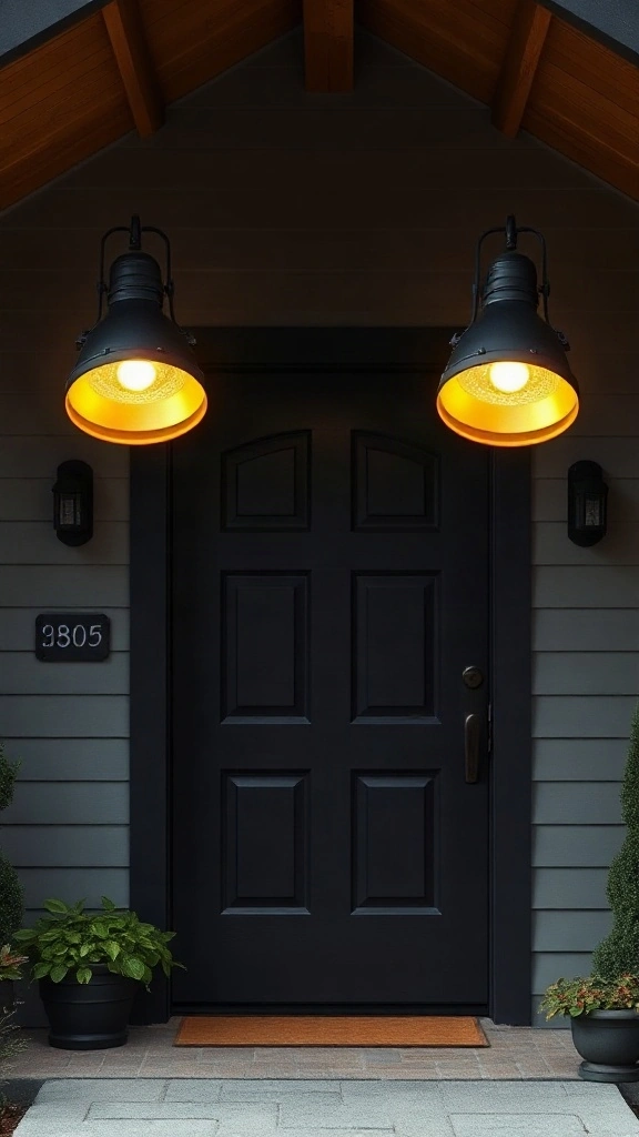 Black front door flanked symmetrically by two black metal gooseneck barn light sconces glowing softly at dusk.