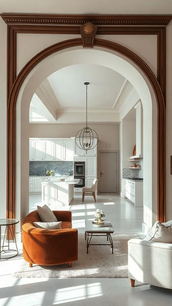 Grand plaster archway framed in dark wood separating white kitchen and living room.