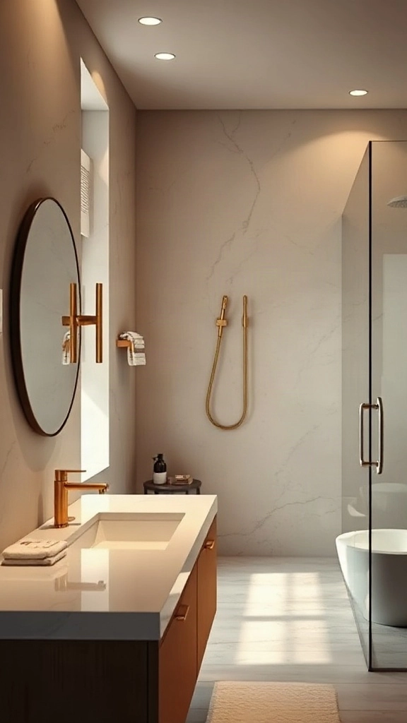 Grohe 3D Bath Configurator Luxury spa bathroom with brushed brass Grohe fixtures rendered in online bath design tool