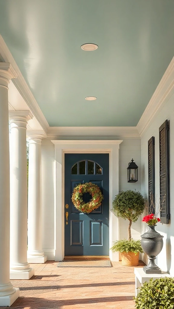 Covered porch ceiling painted soft haint blue contrasting white columns and a rich navy front door.