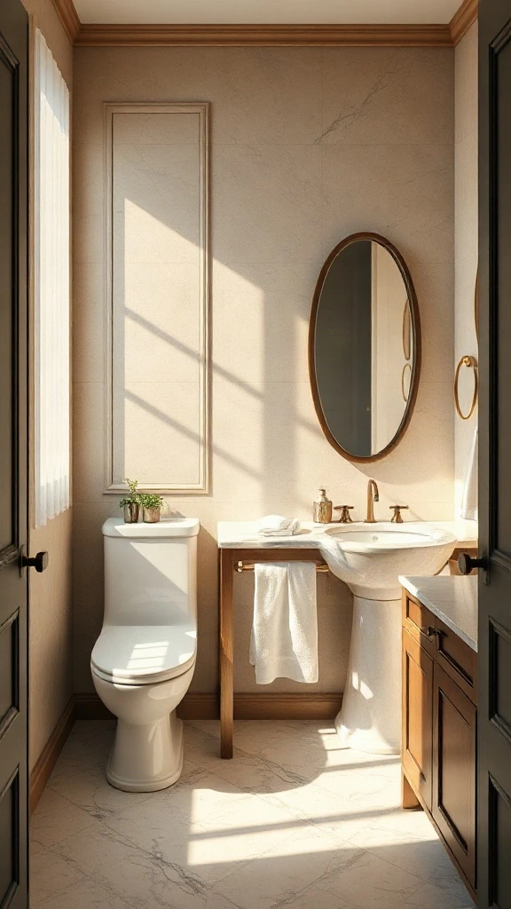Plaster half-height pony wall dividing a wall-mounted toilet from a double vanity layout. - Modern Water Closet Floor Plan Layout - Modern Toilet Floor Plan Layout - Small Toilet Andamp; Water Closet Floor Plan Layout Ideas