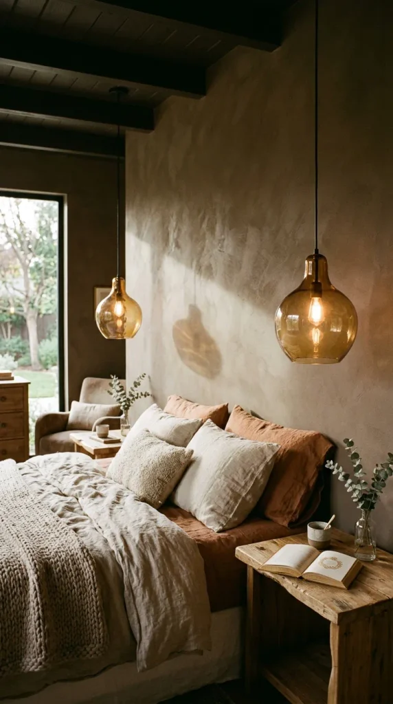 Two hand-blown amber glass pendant lights hanging above bedside tables with warm filament glow against a textured plaster wall.