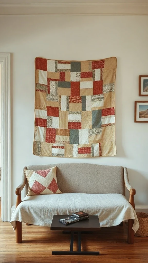 Faded vintage patchwork quilt hung flat against a soft plaster wall. - Cozy Cottage Sitting