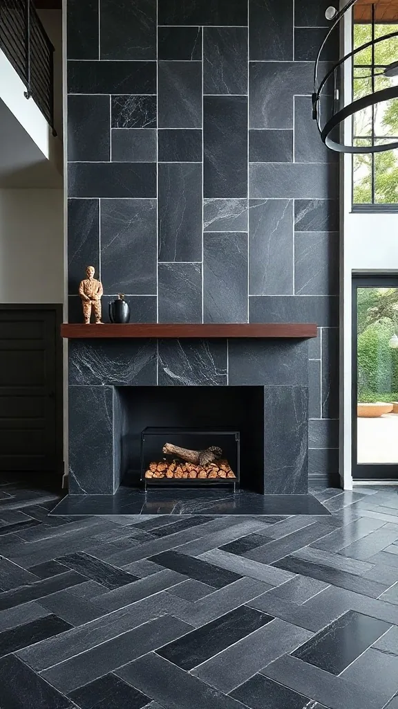 Two story fireplace ideas featuring dark charcoal soapstone tiles in a herringbone pattern.