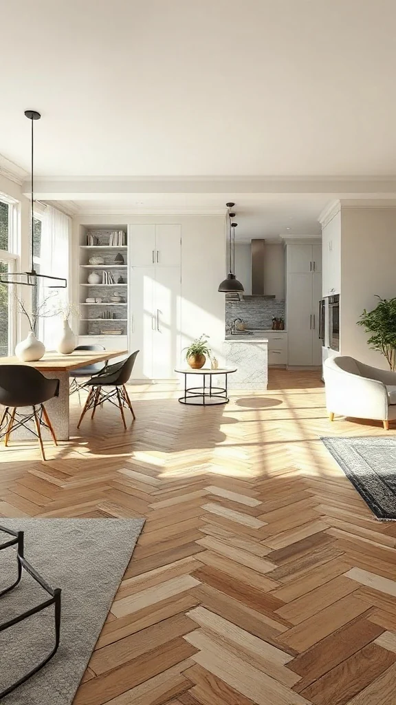 Smooth transition from hexagonal marble kitchen tiles to chevron oak living flooring.
