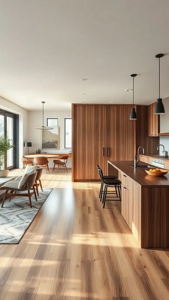 Walnut kitchen with pocket doors closing to hide appliances and sink.
