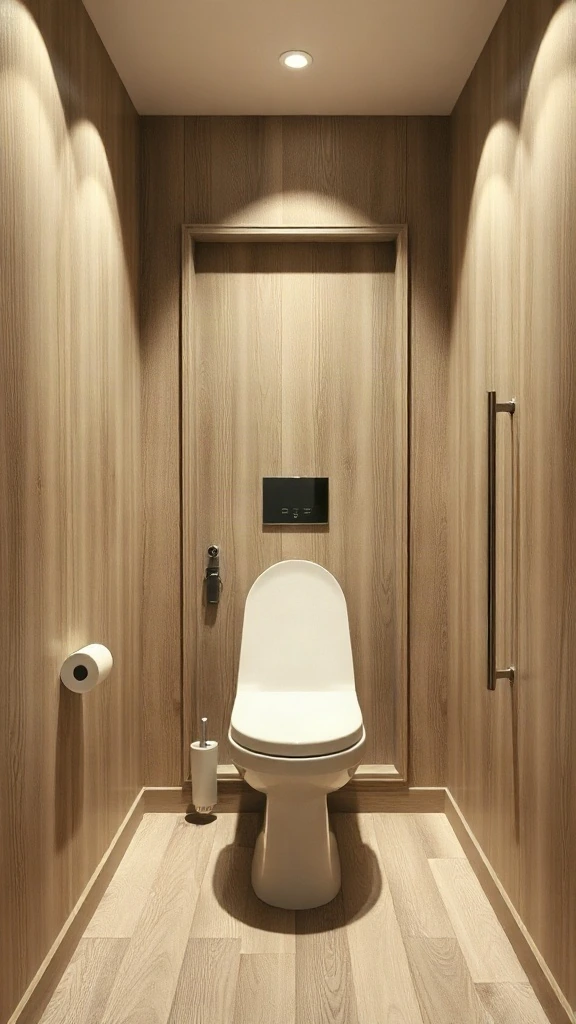 Hidden toilet layout concealed behind seamless white oak wall paneling with a secret door. - Modern Water Closet Floor Plan Layout - Modern Toilet Floor Plan Layout - Small Toilet Andamp; Water Closet Floor Plan Layout Ideas