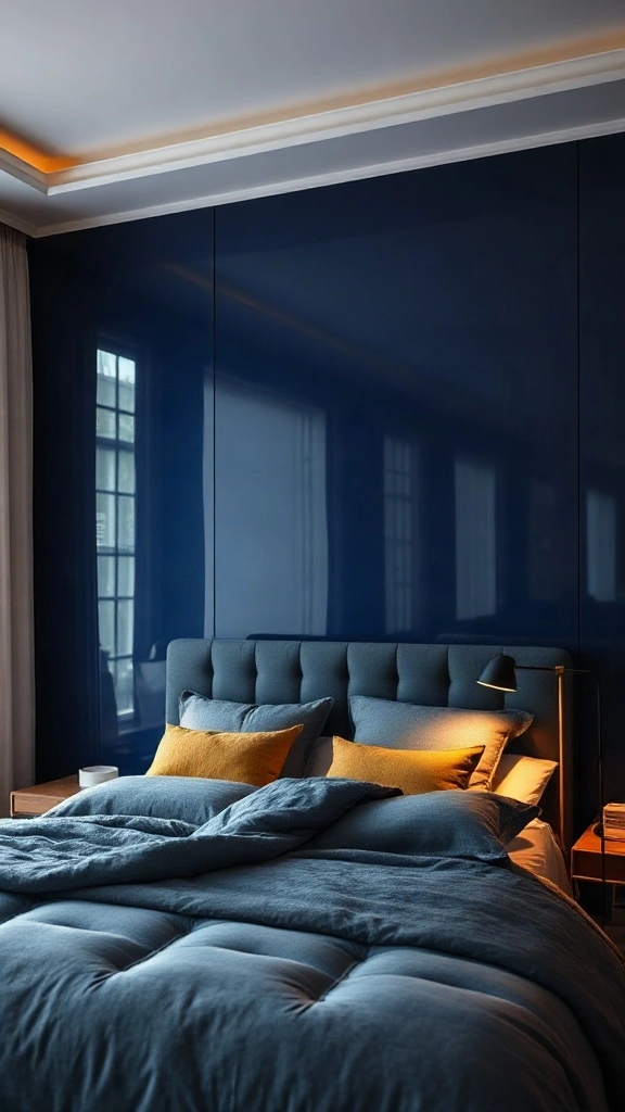 Ultra-high-gloss deep navy lacquered accent wall reflecting warm bedside lamp light - Navy Blue Bedroom