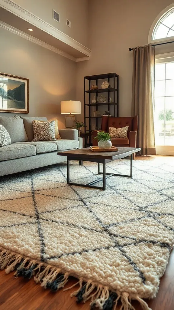 Large cream Moroccan woven wool high-pile area rug anchoring a neutral living room layout. - Inviting Home Design