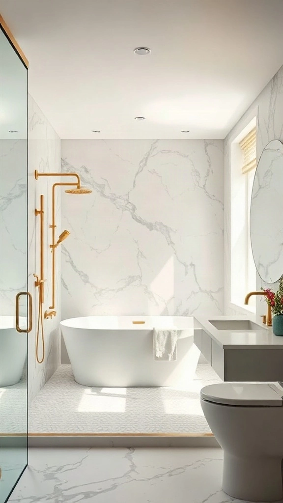 Homestyler 3D Bath Modeler Open-concept wet room layout with brass fixtures created in online bath design tool