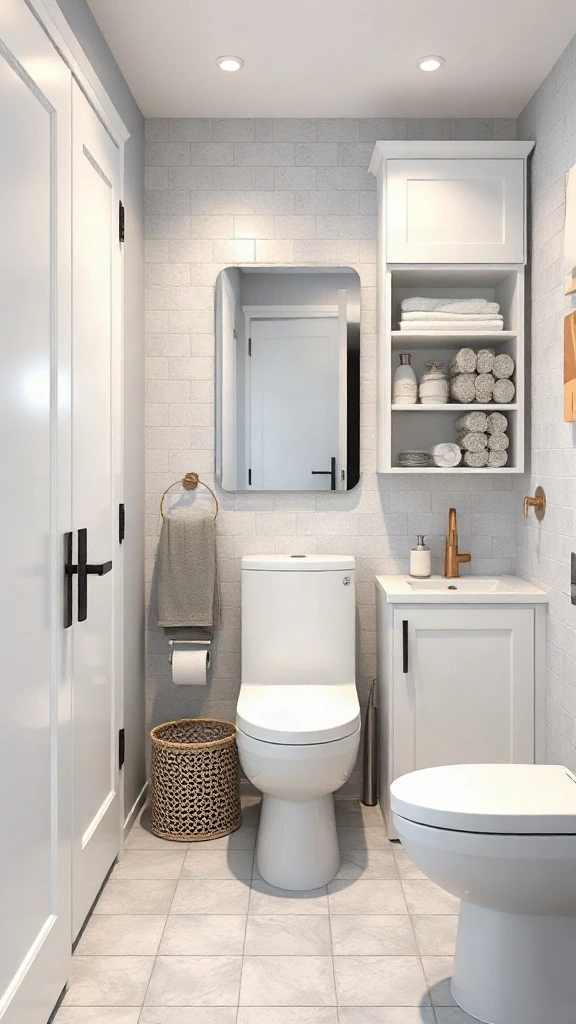 IKEA Home Planner Bathroom Edition Small organized bathroom with modular white cabinets planned with online bath design tool