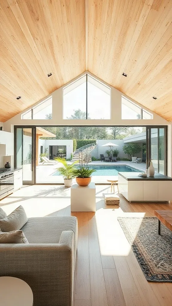 Bi-fold glass doors connecting white and wood kitchen-living room to outdoor pool.