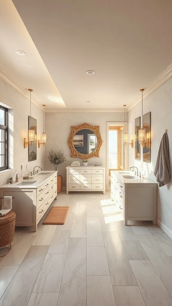 Central island vanity with dual walkways in a wide rectangular master bathroom layout.