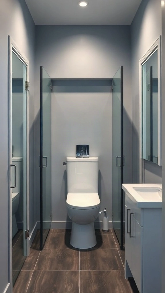 Shared Jack and Jill toilet layout with central water closet enclosed by frosted glass pocket doors. - Modern Water Closet Floor Plan Layout - Modern Toilet Floor Plan Layout - Small Toilet Andamp; Water Closet Floor Plan Layout Ideas