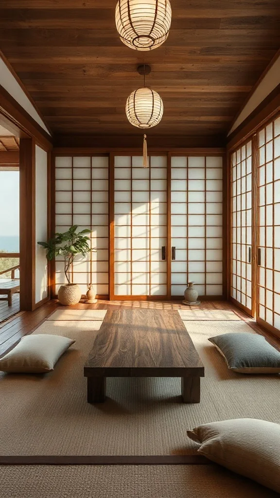Minimalist Japanese spare room with walnut chabudai table and tatami mat flooring.
