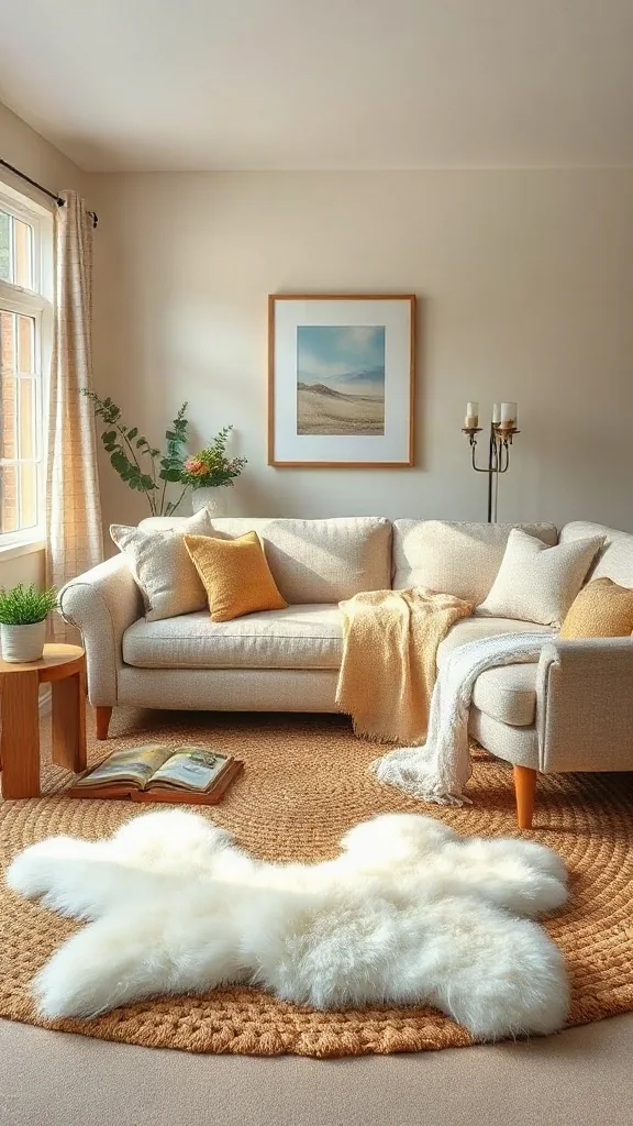 Thick woven jute area rug topped with a soft ivory faux fur accent rug. - Cozy Cottage Sitting