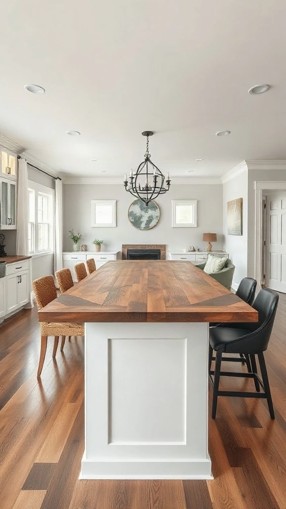 White kitchen island attached perpendicularly to a dark reclaimed pine dining table.