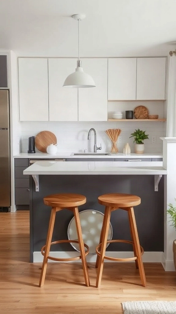 White quartz kitchen peninsula divider with low-profile wooden bar stools in an open studio flat. - Studio Apartment Kitchen