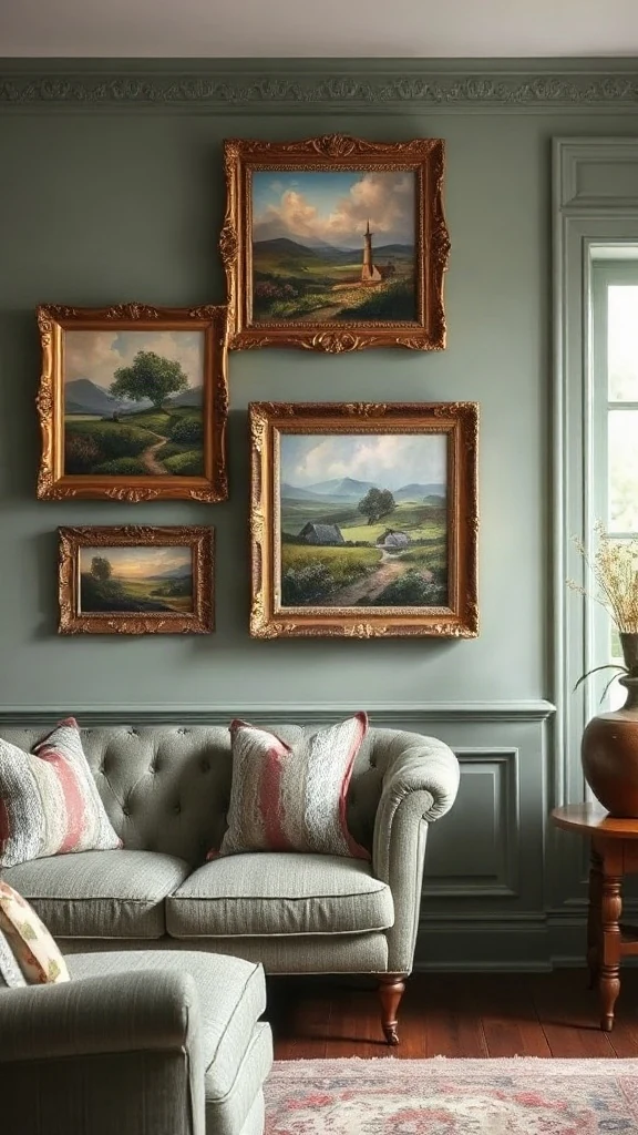 Moody countryside landscape oil paintings in ornate gilt frames on a sage wall. - Cozy Cottage Sitting