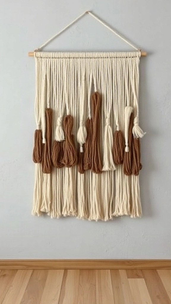 Handcrafted wool woven tapestry in neutral cream and earthy brown tones hung on a pale gray plaster wall.