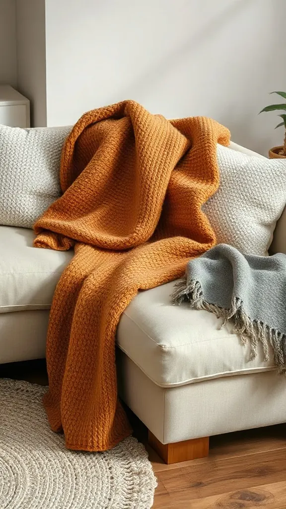 Caramel-brown heavy bouclé throw blanket draped across a neutral Belgian linen sofa. - Inviting Home Design