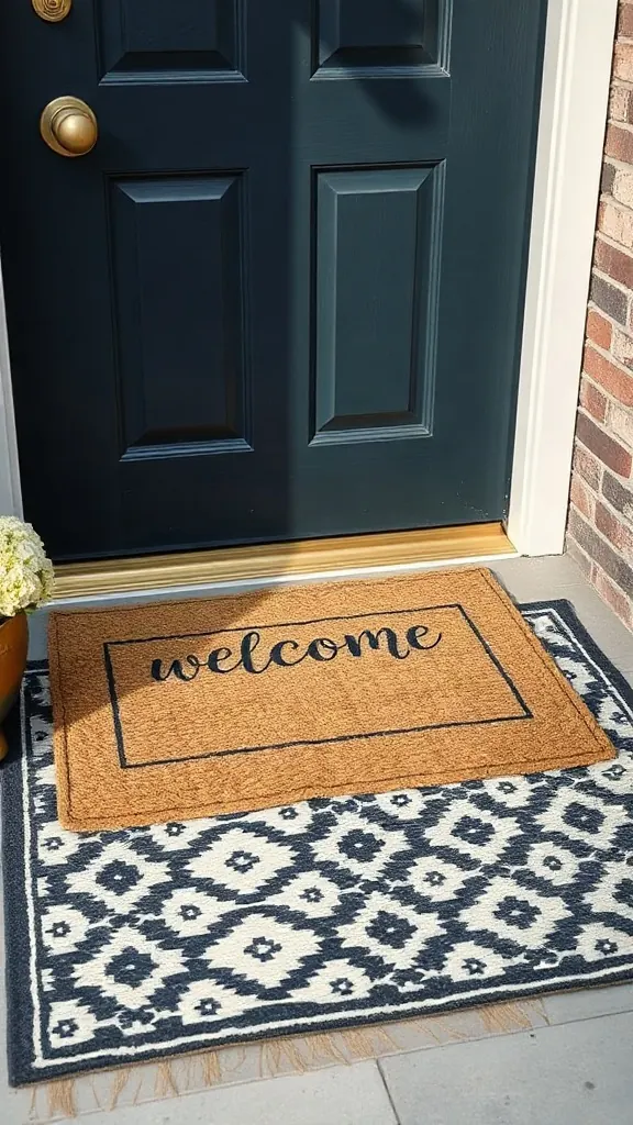 Layered front door doormats with a black and white patterned rug beneath a natural coir welcome mat.